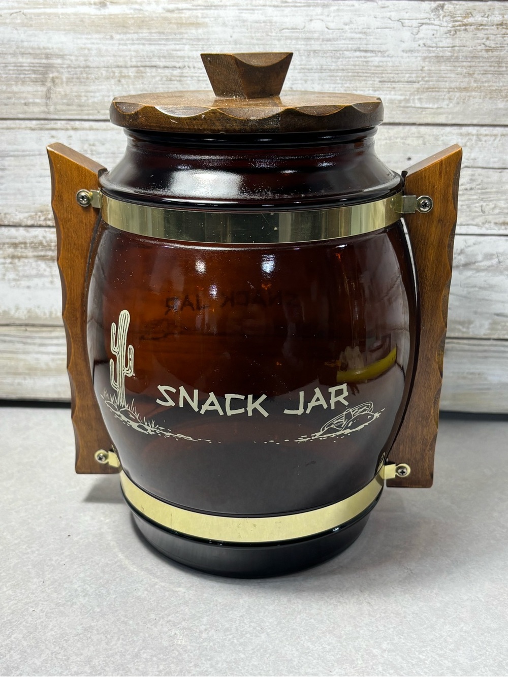 Vintage Siesta Ware large amber glass Snack Jar with wooden handles and lid